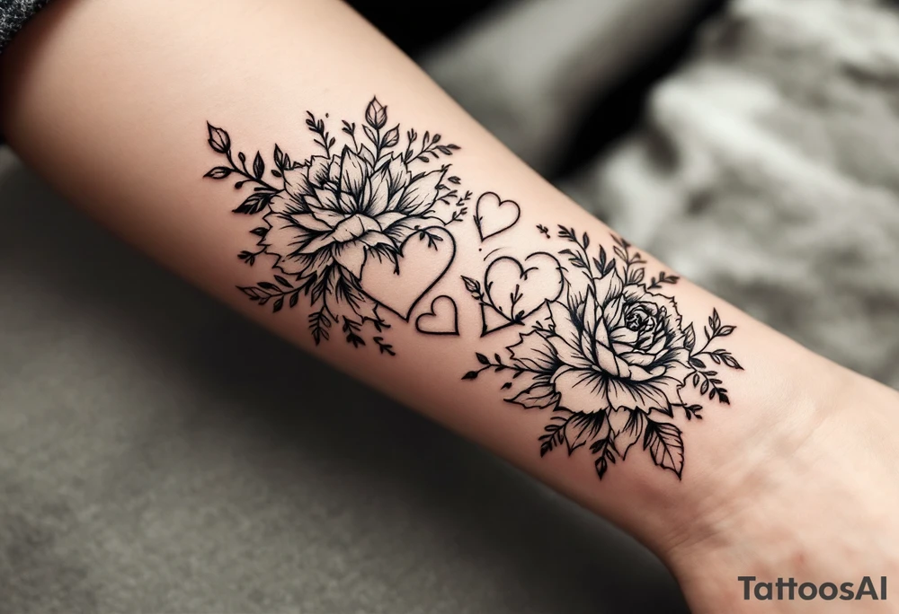 Matching flowery hearts in black ink tattoo idea