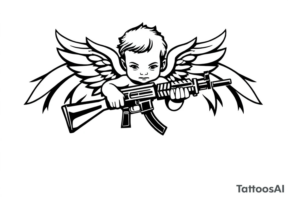 a baby angel with wings holding an Ak-47 tattoo idea