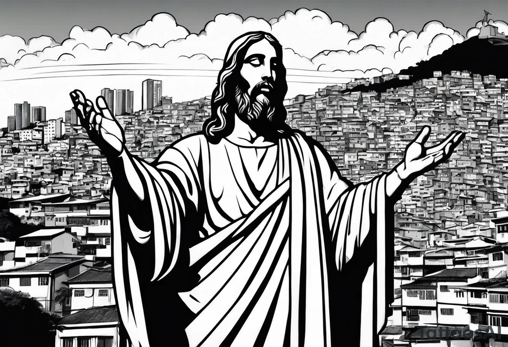 statue of jesus from Rio De Janeiro, below his hands as background there are favelas houses and above his hands as background is sky with slight clouds tattoo idea