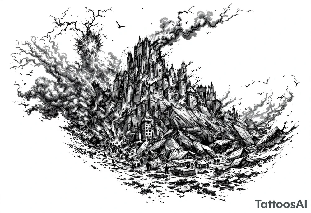 this will be a right arm sleeve.

A crumbling tower struck by lightning, with people scattering in chaos.
Fire raining down from heaven on a burning city, with smoke rising.
A blazing altar with fire falling from heaven
 Floodwaters overtaking the earth, with an ark in the distance. tattoo idea