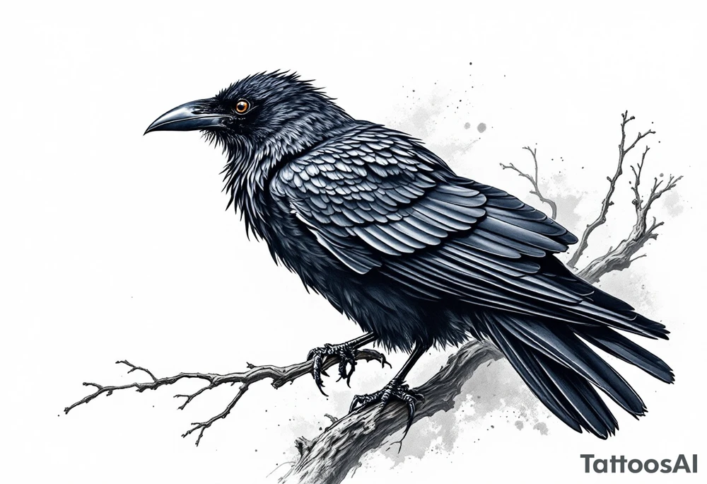 Black Raven on a branch looking over its shoulder tattoo idea