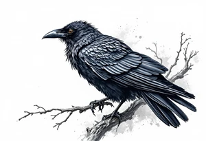 Black Raven on a branch looking over its shoulder tattoo idea