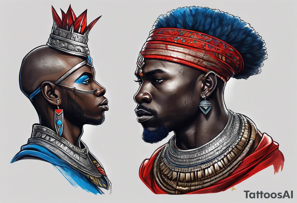 Black-skinned bald african warrior. He wears a simple and small silver crown. He uses two simple necklaces: one blue, other red. tattoo idea