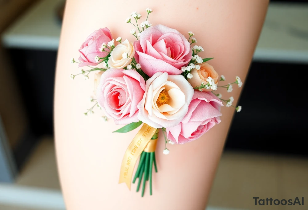 A delicate, hand-tied bouquet of roses, peonies, and baby’s breath, with soft pink, ivory, and pastel peach petals. The stems are wrapped in a silk ribbon with golden embroidery, flowing gently in the wind. Subtle watercolor shading creates a dreamy, romantic feel. tattoo idea