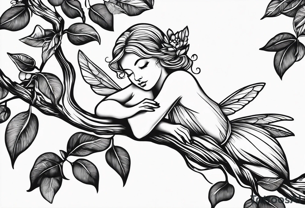Fairy outline, asleep on the branch of a lemon tree. tattoo idea