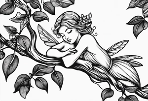 Fairy outline, asleep on the branch of a lemon tree. tattoo idea