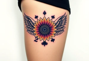 tattoo design incorporating a 2 of clubs, sunflower, wings, or halo tattoo idea