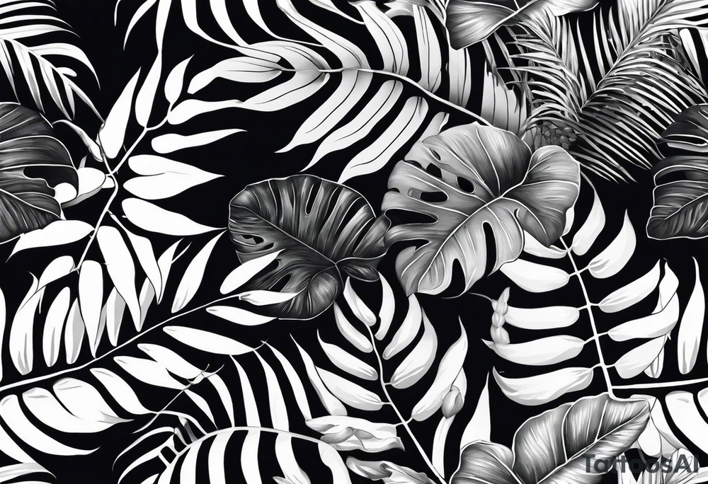 I want a monochrome tattoo in black gradients featuring a snake subtly hidden among the leaves of Raphidophora and Monstera. The snake should be coiled and partially visible, blending harmoniously with the detailed, large leaves of the plants. The Monstera leaves should have natural holes, while the Raphidophora leaves should be long and pointed. The overall style of the tattoo should be realistic, with shading and black gradients to create an elegant and mysterious effect. Put the tatoo on a black arm tattoo idea