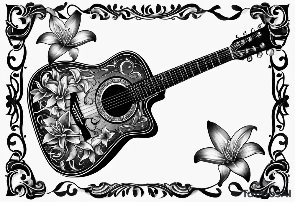 black acoustic guitar wrapped with lilies, with a simple black star on the guitar body. tattoo idea
