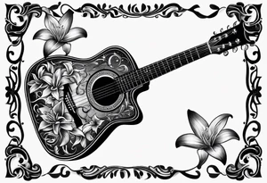 black acoustic guitar wrapped with lilies, with a simple black star on the guitar body. tattoo idea