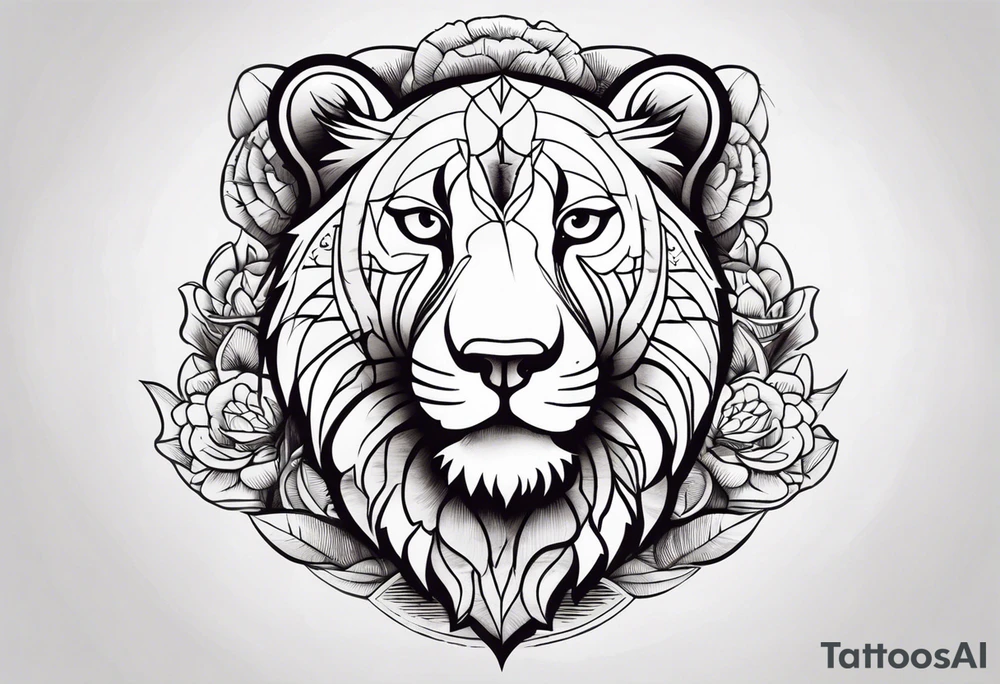 leão poderoso com relógio e bússola no fundo tattoo idea