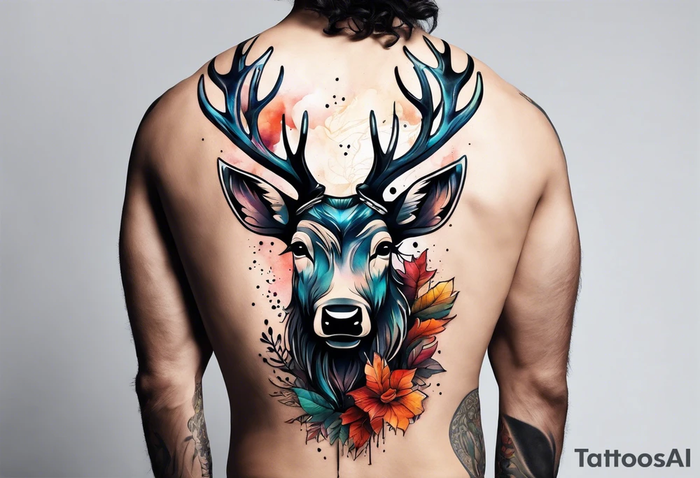 back tattoo of a front view reindeer with half the face as a skull tattoo idea