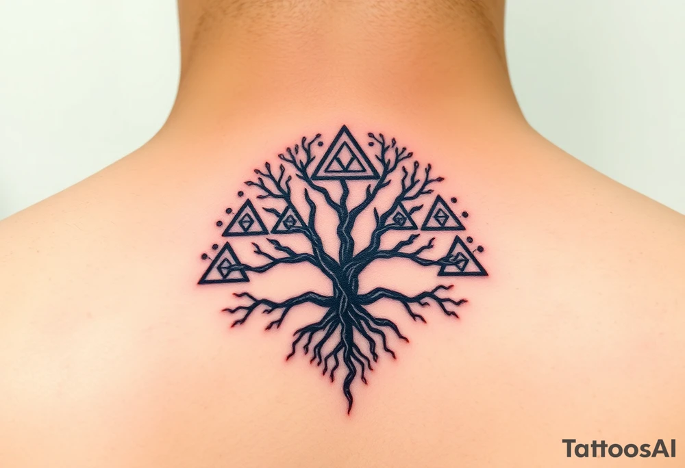 A geometric family tree with deep root interconnected triangles and hexagons, reflecting the strong foundation of ancestry tattoo idea