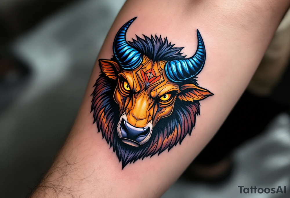 Like a cosmic guardian, Taurus watches with ochre eyes and glowing indigo horns. tattoo idea