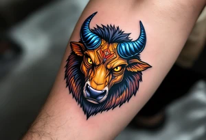 Like a cosmic guardian, Taurus watches with ochre eyes and glowing indigo horns. tattoo idea