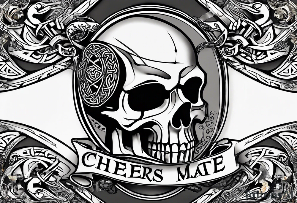 "Cheers Mate" text, armband +Celtic +grey Cancer Ribbon +tribal +artistic tattoo idea