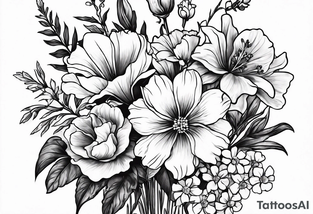 Simple Tattoo of a floral Bouquet with larkspur with stem, carnation with stem, violet, with stem, daisy with stem tattoo idea