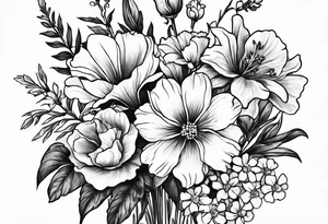 Simple Tattoo of a floral Bouquet with larkspur with stem, carnation with stem, violet, with stem, daisy with stem tattoo idea