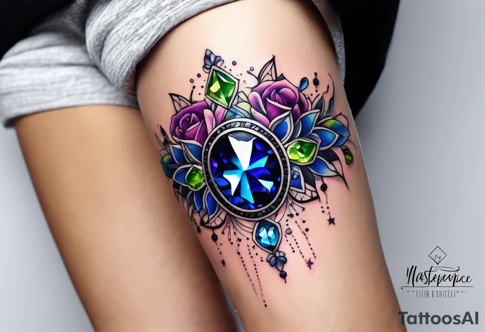 Delicate but strong garter tattoo band with sprinkles of stars and a amethyst, blue sapphire and peridot birthstone tattoo idea