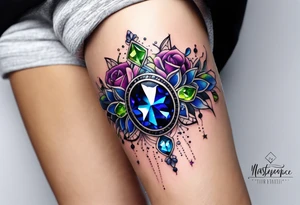 Delicate but strong garter tattoo band with sprinkles of stars and a amethyst, blue sapphire and peridot birthstone tattoo idea