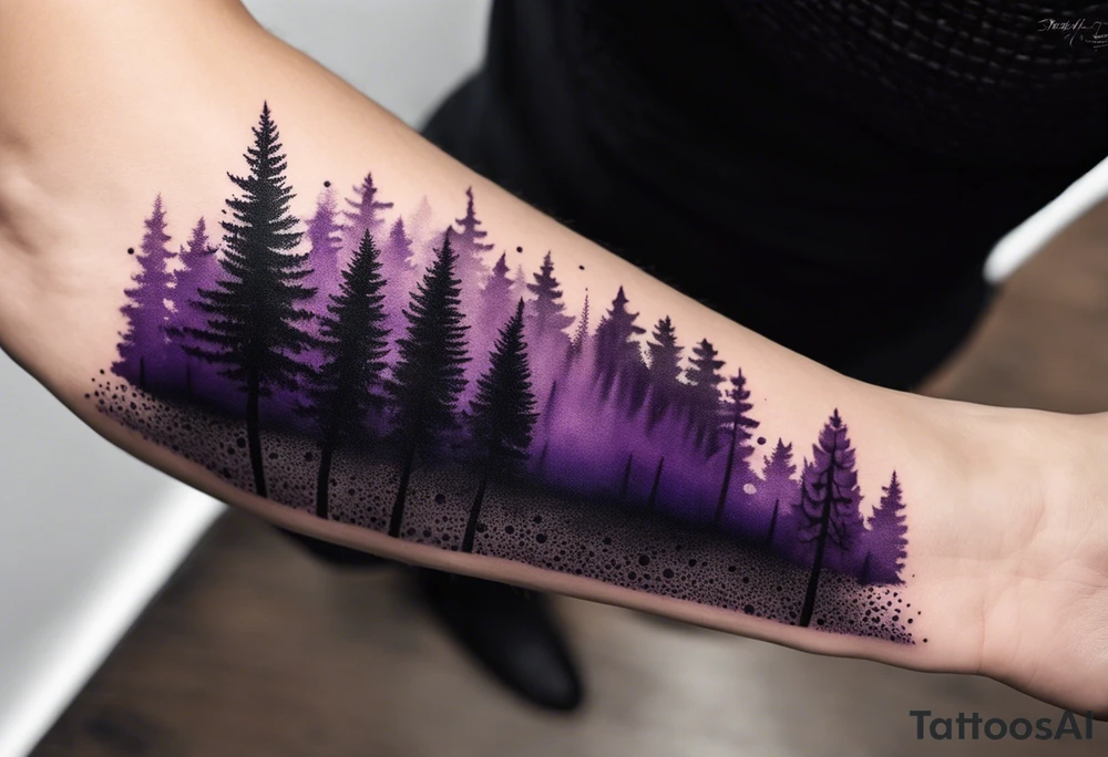 forest, purple and black, covered from wrist to forearm, fully covered, no borders, blackwork tattoo idea