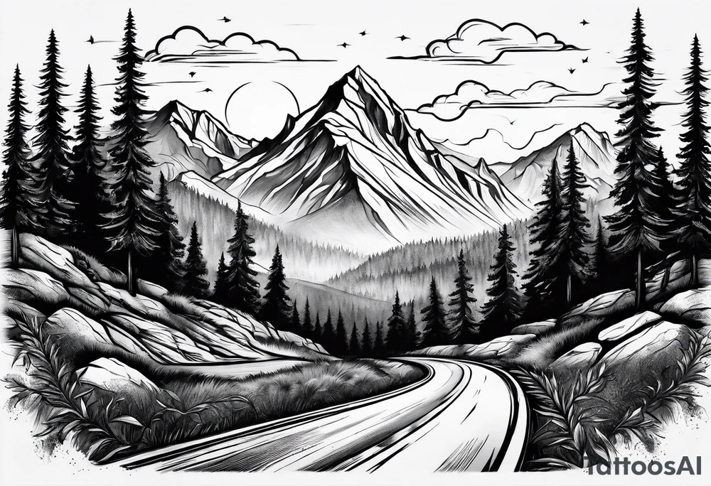 road into mountain tattoo idea