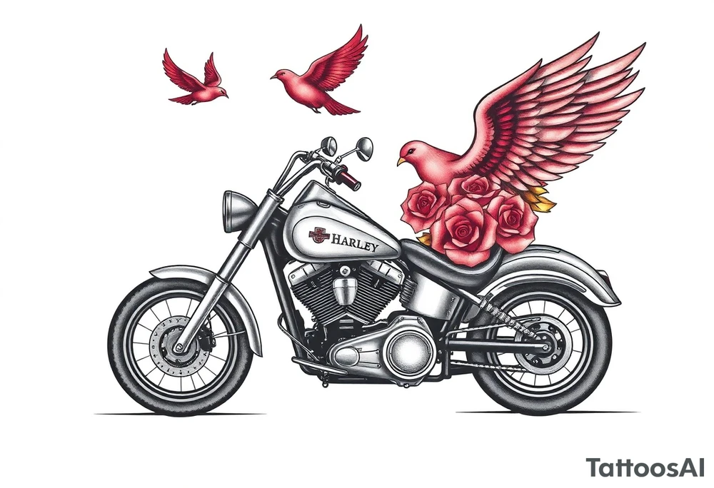 Harley grey motorcycle driving away, two red birds flying, roses, flames, angel wings tattoo idea