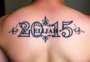 a powerful majestic set of roman numerals equalling the year 2015, with an elegant name of ELIJAH placed within the center of the roman numerals tattoo idea