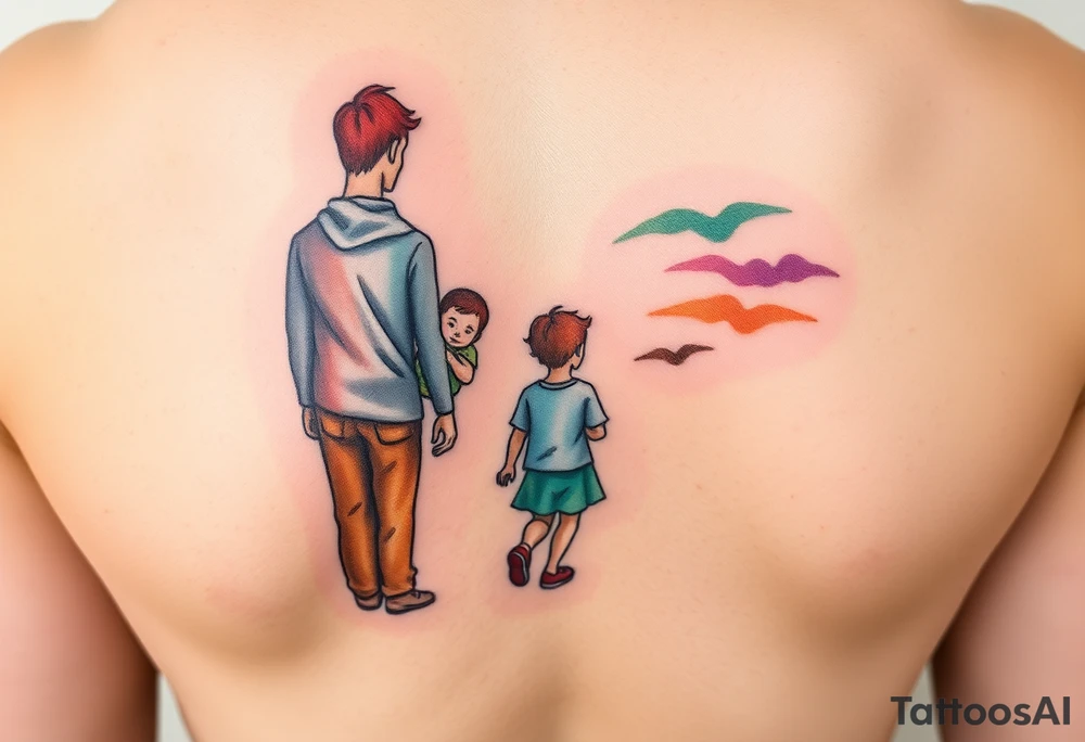 Family 2 parents, 1 baby boy, one 3-year girl wlking through the horizons tattoo idea