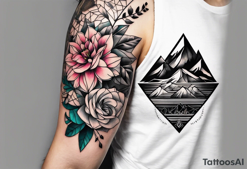 A geometric half sleeve with flowers and a mountain tattoo idea