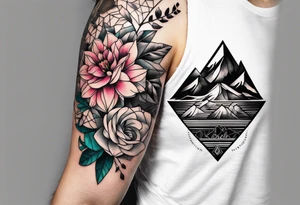 A geometric half sleeve with flowers and a mountain tattoo idea