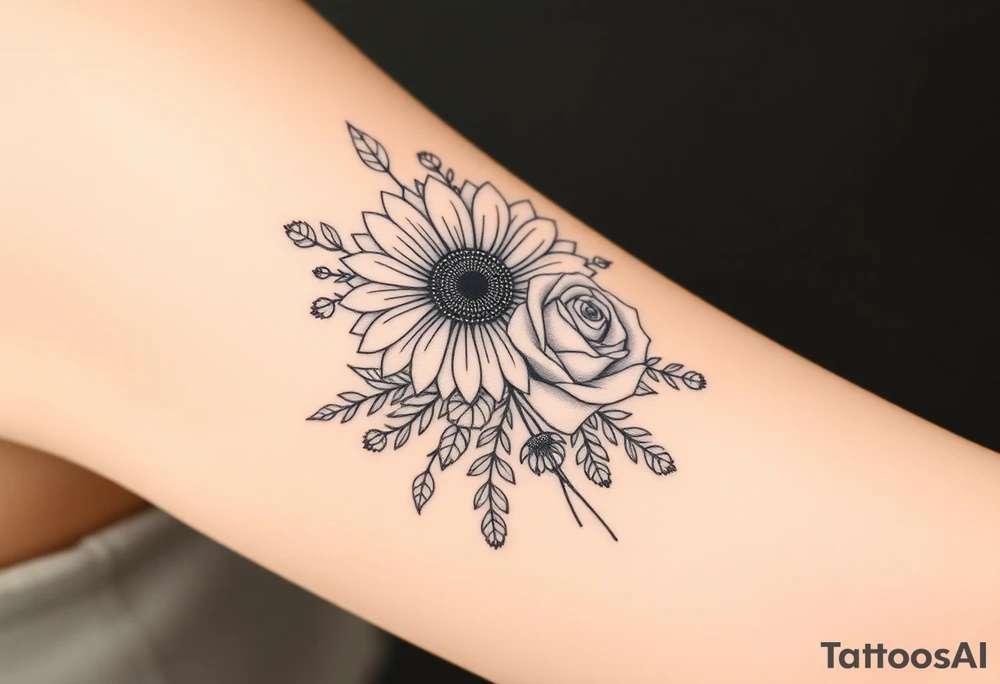 bouquet of 2 flowers, a sunflower and a rose surrounded by a lot greenery, leaves and smaller flower buds. tattoo idea