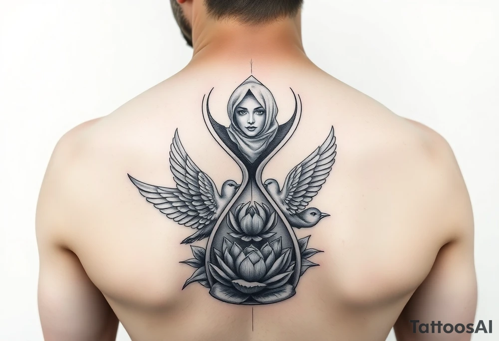 Broken hour glass that turns into birds with a lotus flower and woman with hijab in background tattoo idea