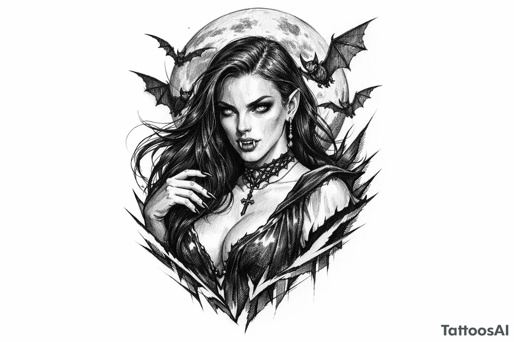 female vampire,bats,full moon. tattoo idea