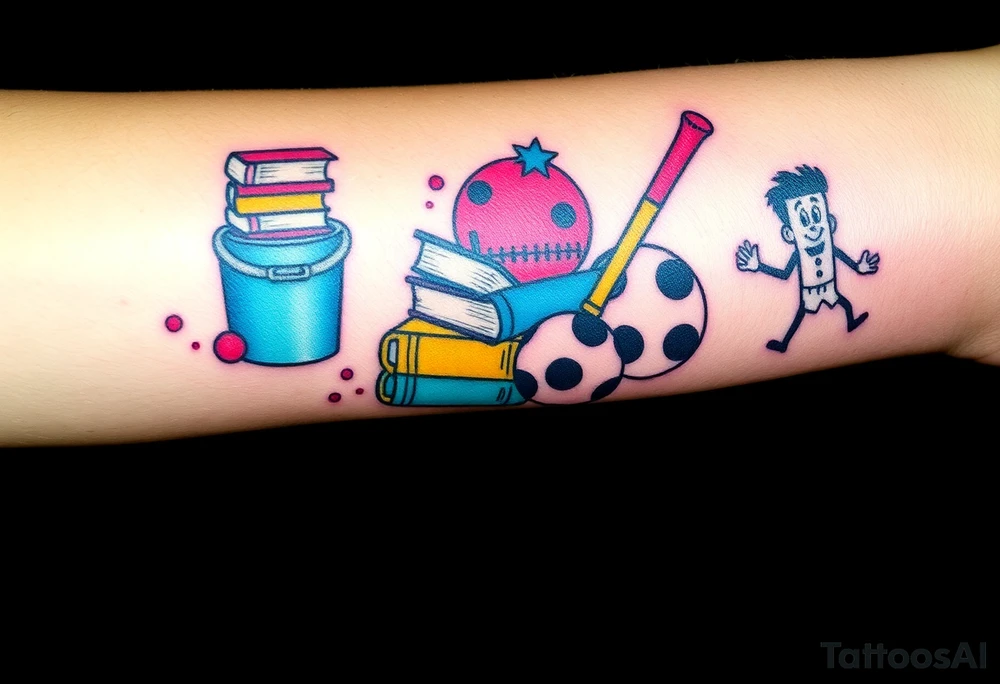 Childhood memories of a small pile of books, a bucket and spade, a football, a cricket bat, a cartoon of Dennis the Menace from the Beano comic, and the American Idiot symbol tattoo idea