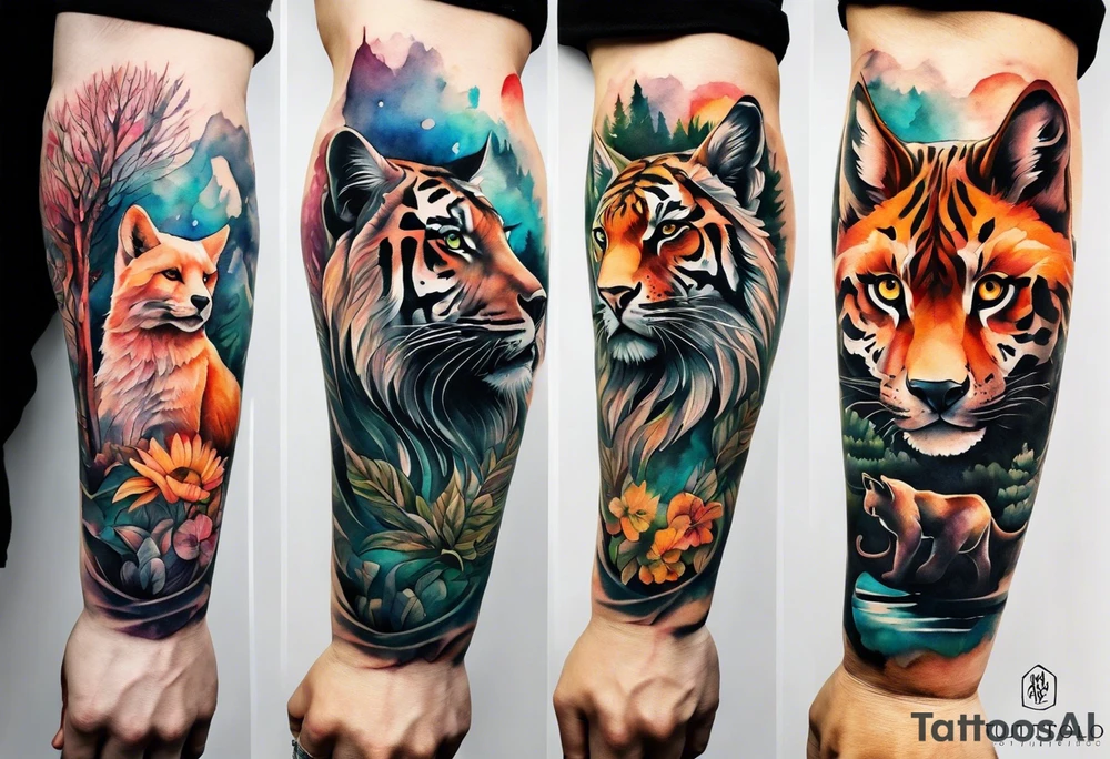 Watercolour style arm tattoo of animals and wildlife in Amsterdam tattoo idea