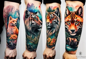 Watercolour style arm tattoo of animals and wildlife in Amsterdam tattoo idea