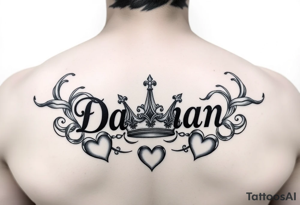Name Damian, with crown, and hearts tattoo idea
