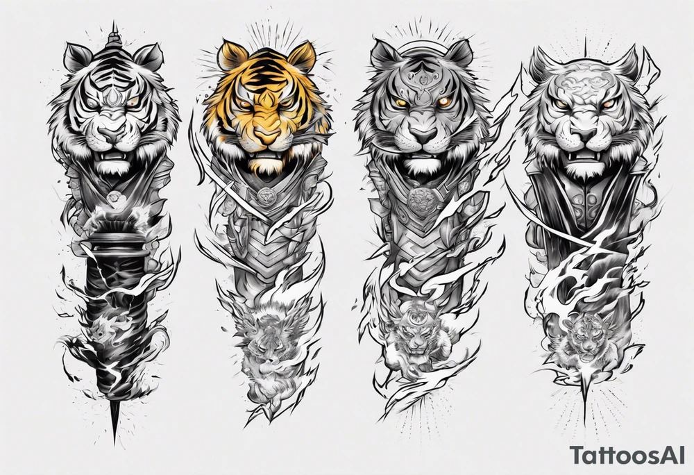 Tiger warrior with lightning and the sun for a forearm sleeve tattoo idea
