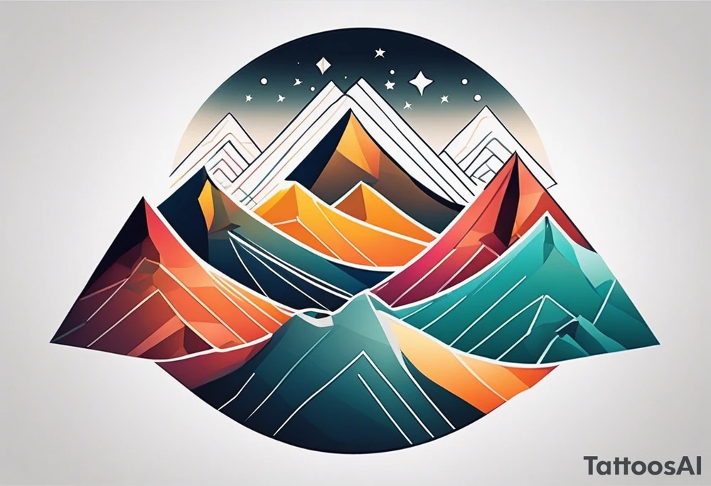 Mountain Massif, one Peak, only peak surrounded woth semi circle dashed Line, in semi circle two littel fine Stars coloured, waves overlapping in Side, Open geometrical Forms Like Diamond with Open lines tattoo idea