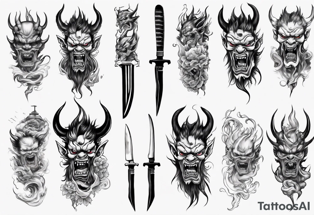 Japanese demon coming out of a knife blade tattoo idea