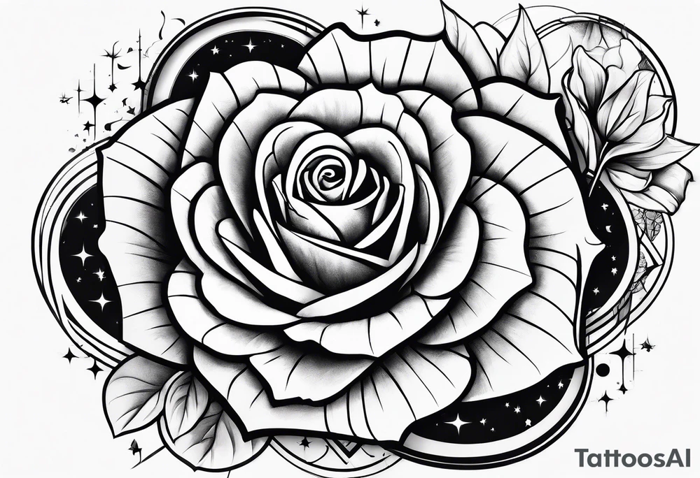 Tesseract with big roses and small stars tattoo idea