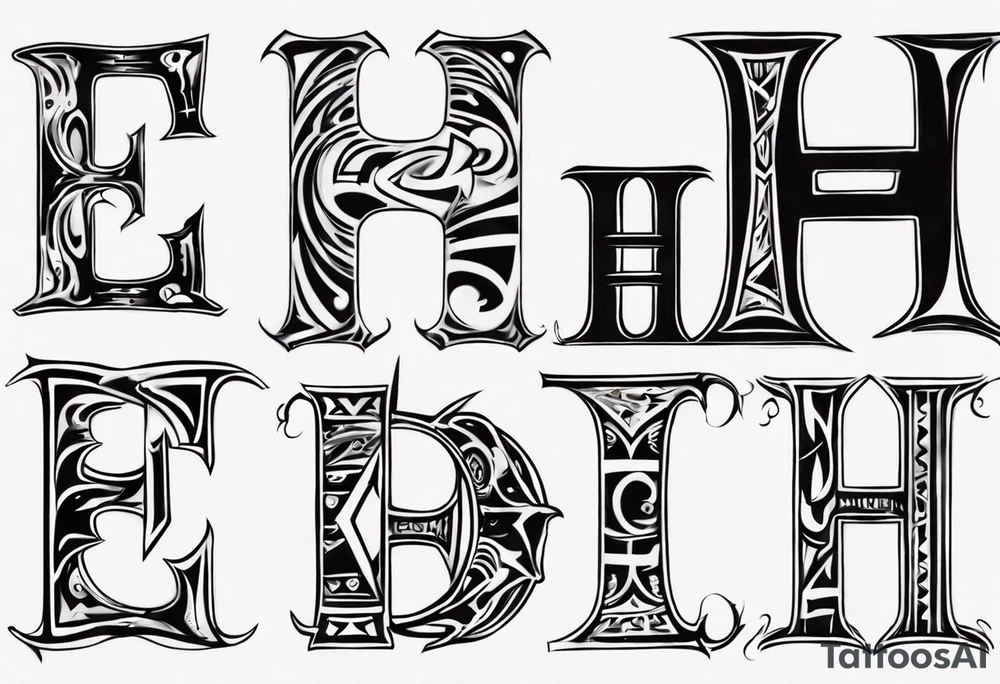 combine the letters E and H with tribal pattern tattoo idea
