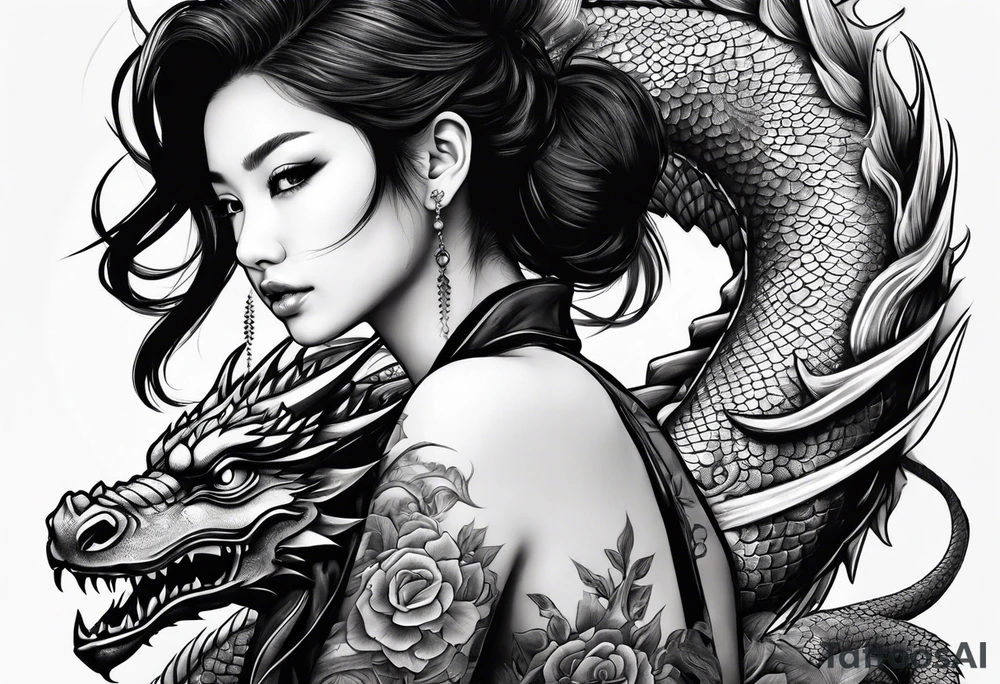a girl sitting on a asian dragon tattoo idea