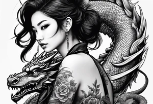 a girl sitting on a asian dragon tattoo idea