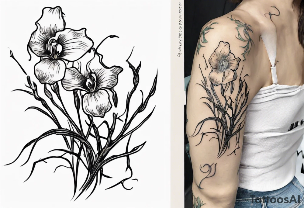 Create a small Vincent van Gogh art tattoo. The intended placement is on the upper chest. The overall design should be small in size while maintaining a delicate and artistic aesthetic. Pay attention to the graceful flow of the vines and the placement of the irises to achieve a refined and elegant look. tattoo idea