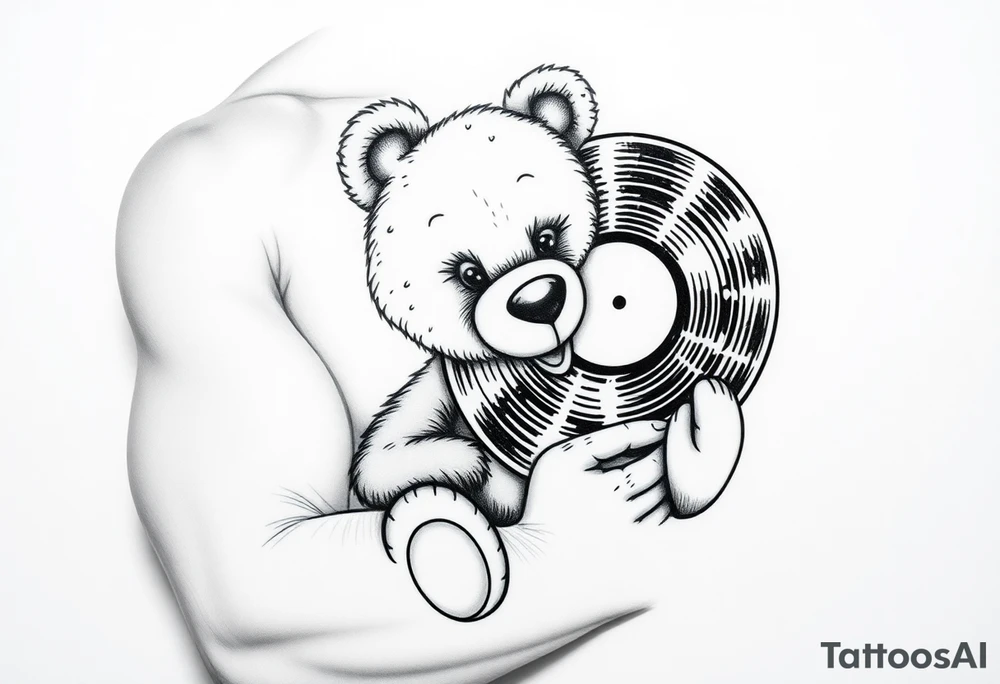 smiling teddy bear holding a vinyl record tattoo idea