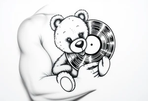 smiling teddy bear holding a vinyl record tattoo idea