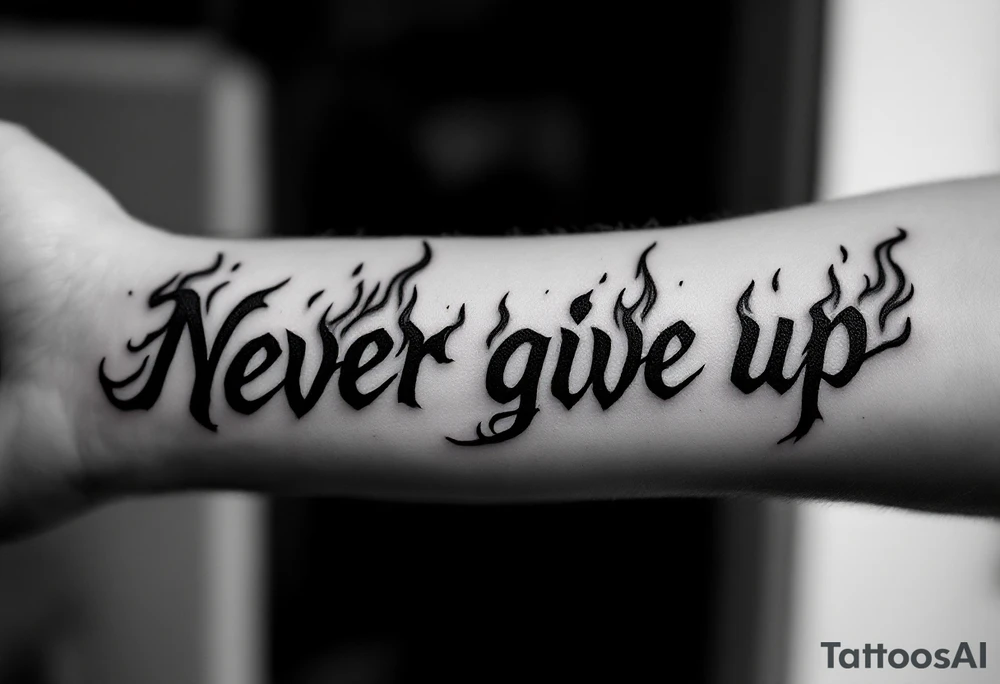 "Never give up" in fiery red ink with flames licking up from the letters. tattoo idea