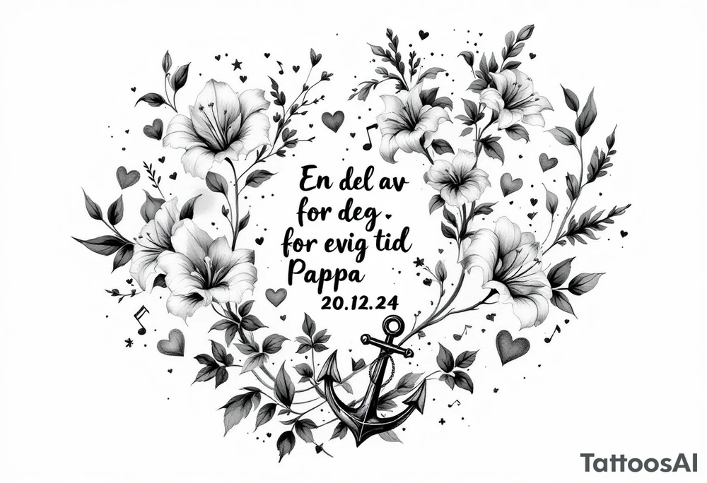 «En del av deg for evig tid
Pappa 20.12.24» Surrounded by long gladiolus, hearts, notes and an anchor.
Make it small tattoo idea